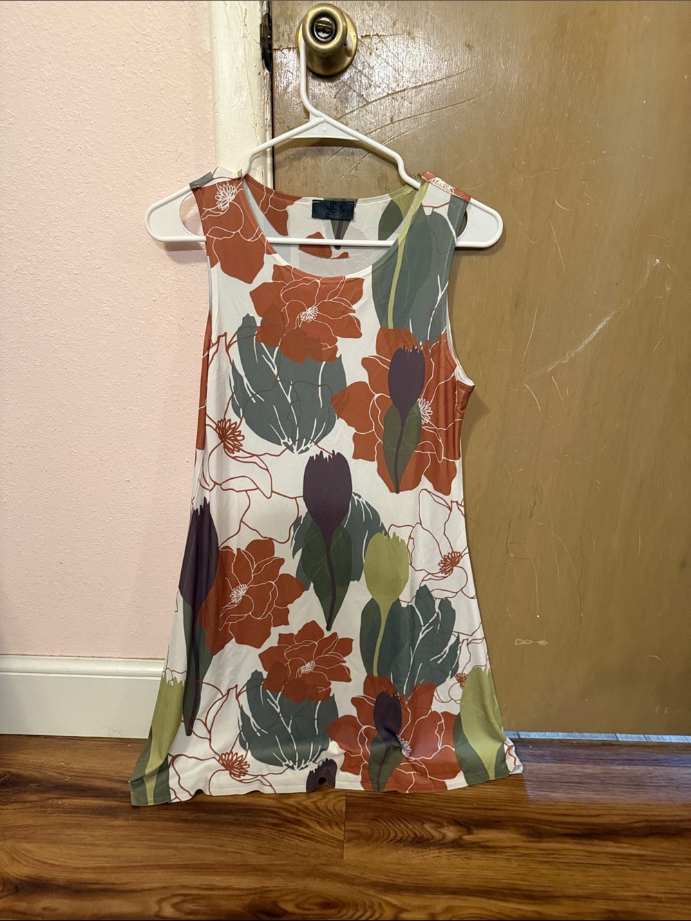 Sleeveless White Floral Mini Dress with Rust & Olive Accents